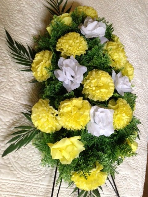Artificial FLOWER SPRAY in Deluxe Yellow Easel Mount for Grave-site Presentation in Remembrance of Loved Ones -