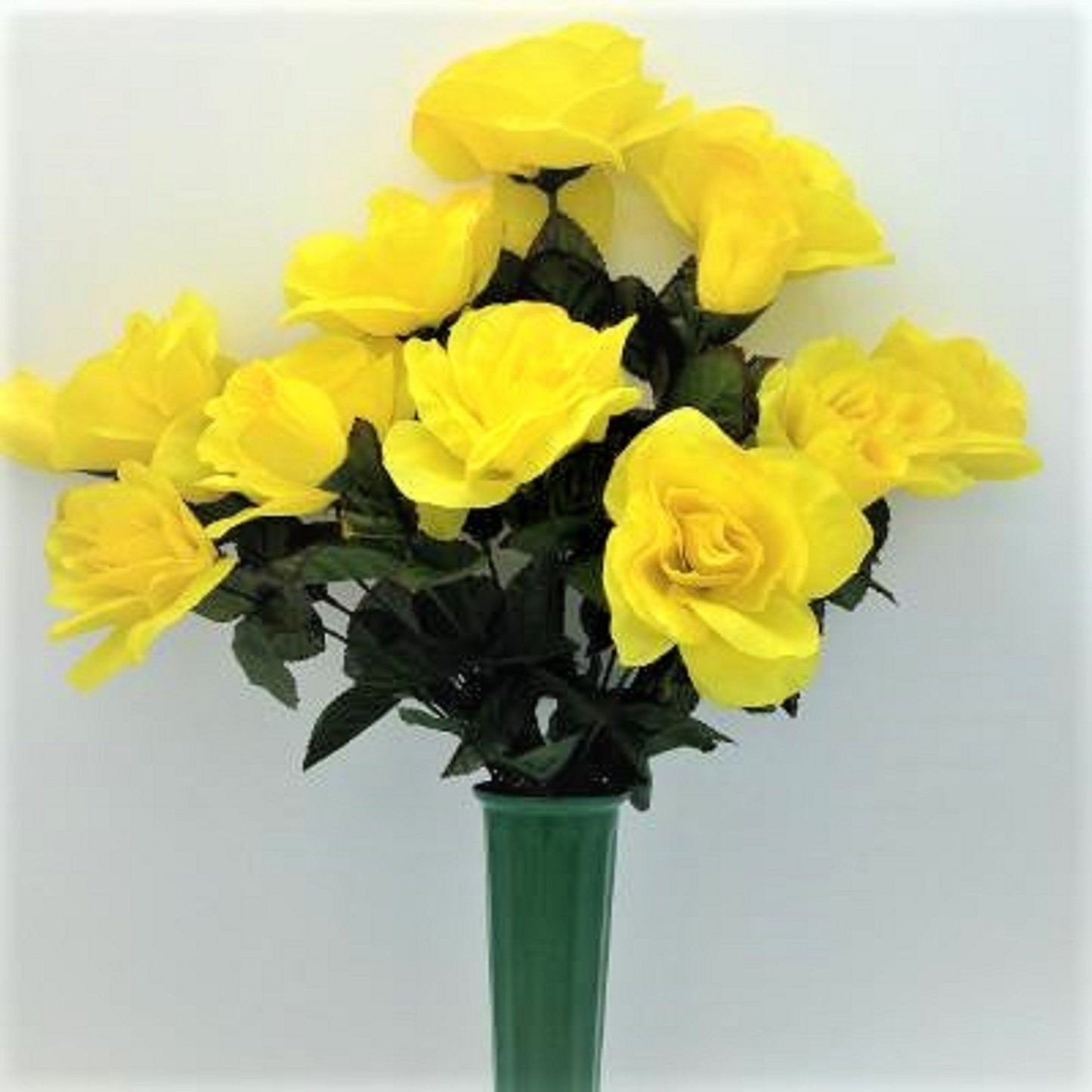 Cemetery Silk Flower Vase YELLOW Open Rose Bouquet