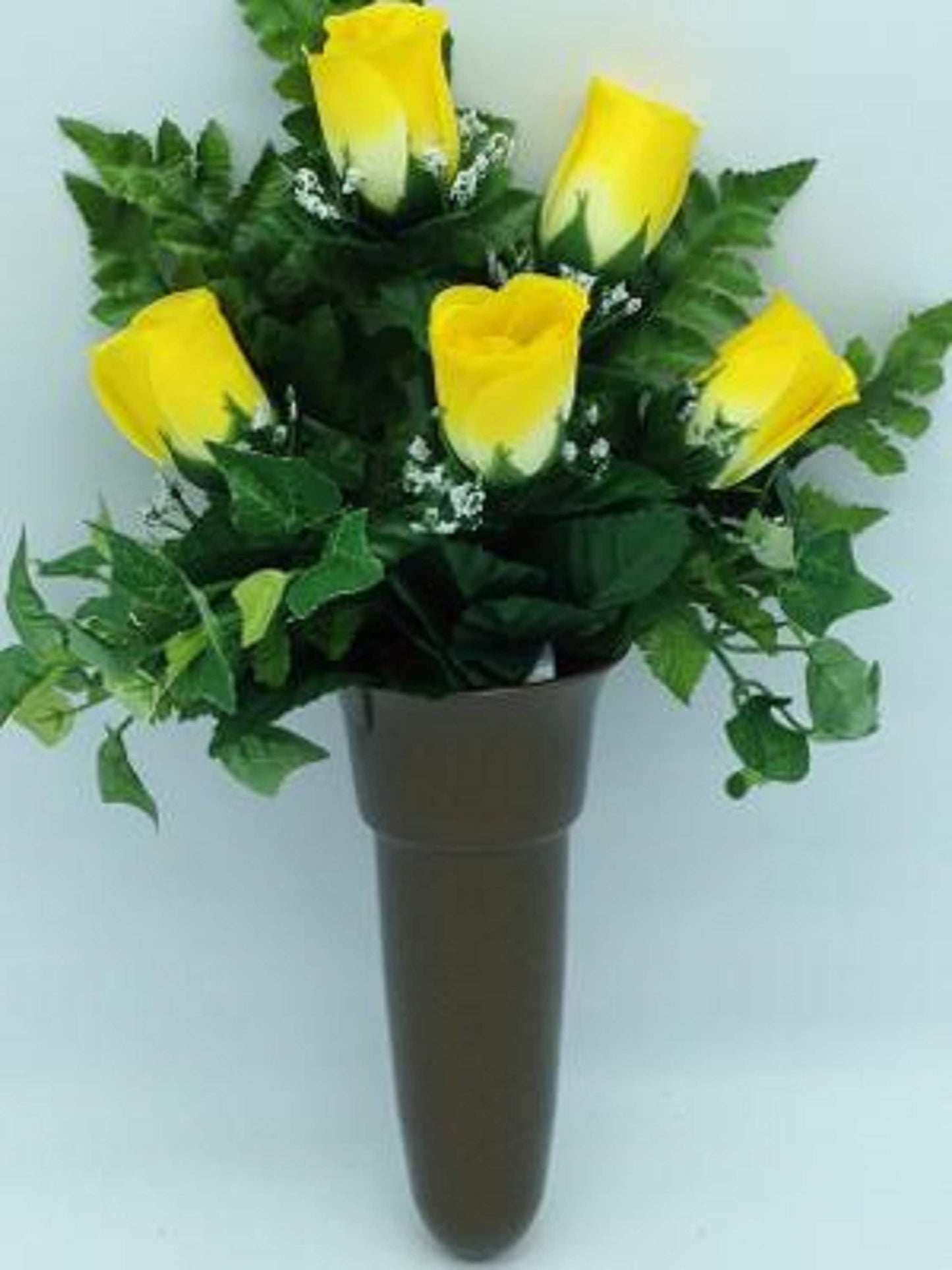 Crypt Mausoleum Vase & Yellow Rose Silk Flowers w/ Button Bolt Support for Inverted "V"