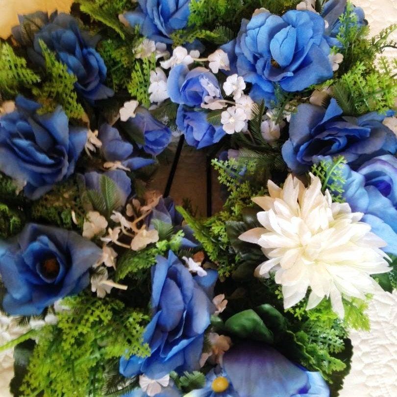 Cemetery WREATH on easel in BLUE Silks Large Deluxe  for grave-site presentation in remembrance of loved ones -