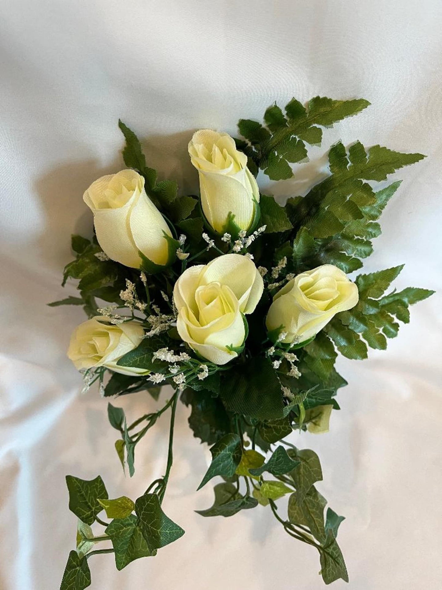 Silk Flower CRYPT / MAUSOLEUM Bouquet (No Vase) of WHITE Roses w/ Baby's Breath Ivy for Presentation in Remembrance of Loved Ones -