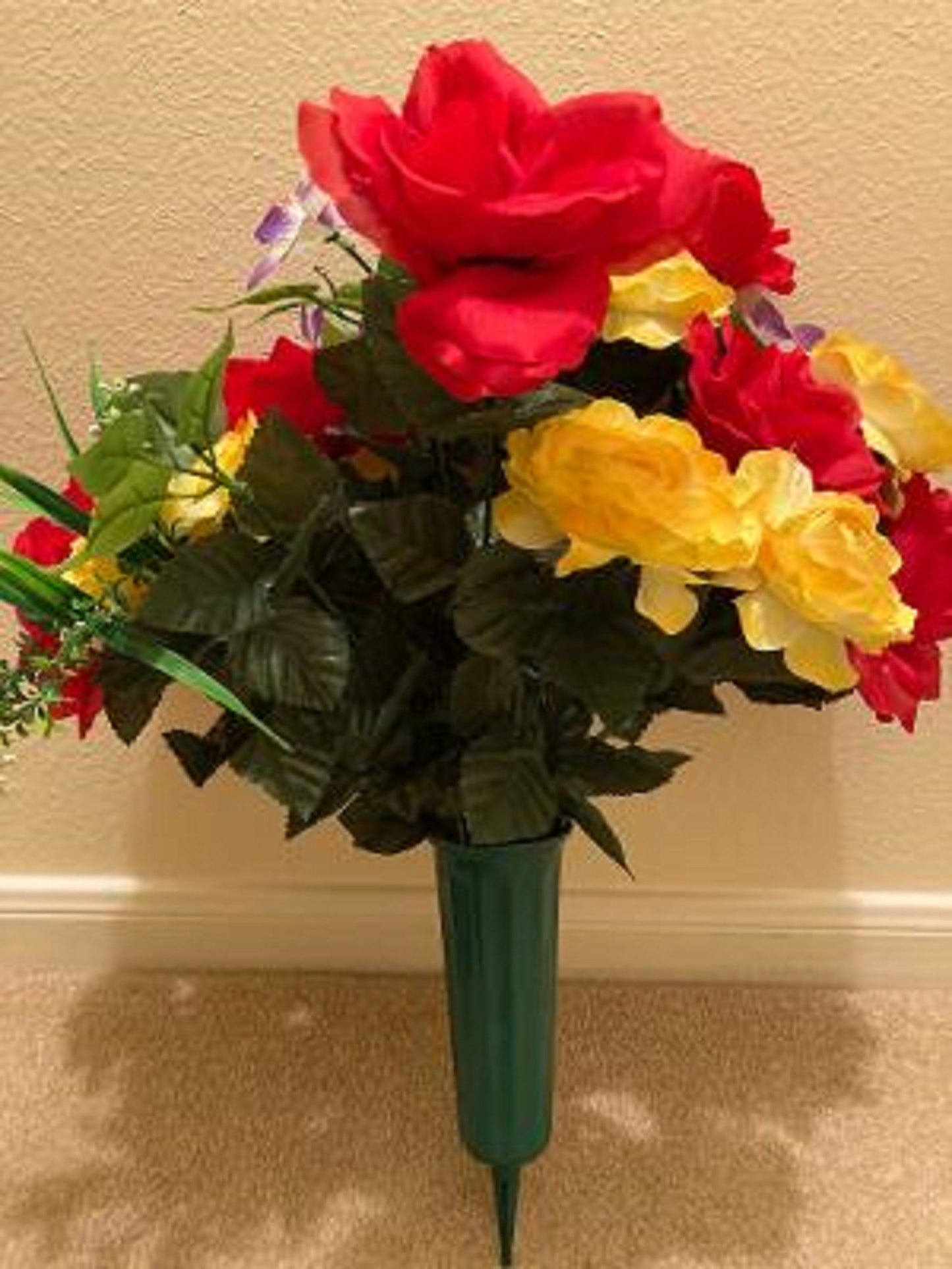 Cemetery Silk Red & Yellow Roses Supreme Arrangement with Vase