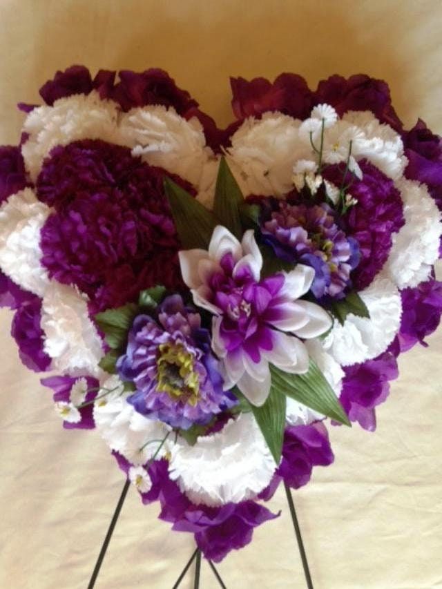 FLOWER Cemetery HEART on Easel with Purple Silk Carnations for grave-site presentation in remembrance of loved ones -