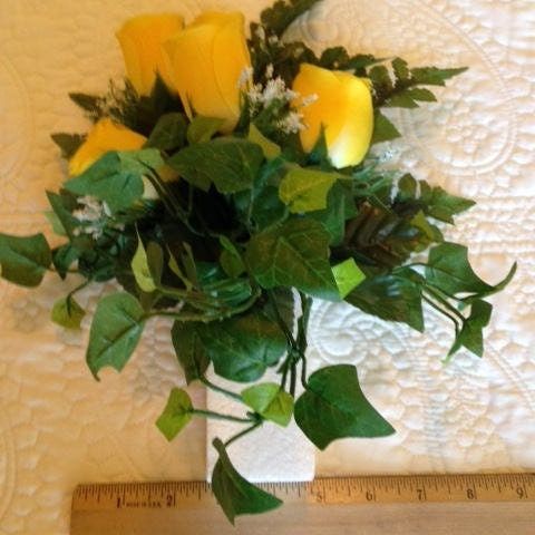 Artificial Flower CRYPT / MAUSOLEUM Bouquet (No Vase) of Yellow ROSE w/ Baby's Breath Ivy for Presentation in Remembrance of Loved Ones -