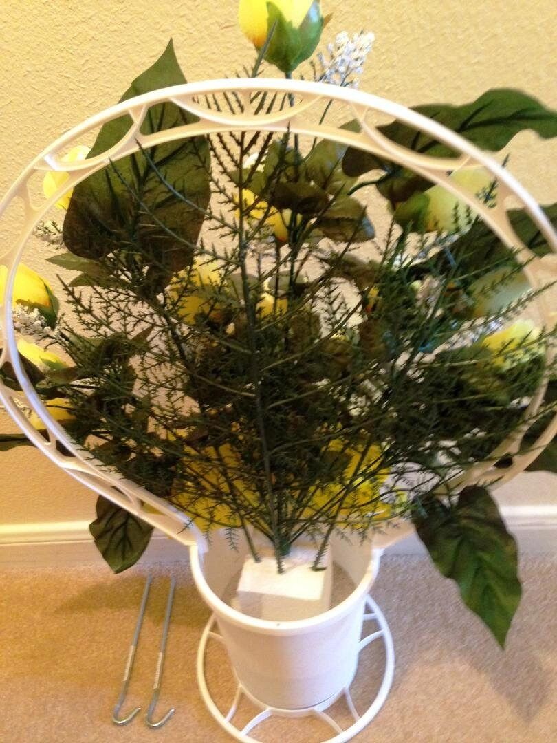 Cemetery Silk Flower YELLOW ROSEBUDS in Hoop Handle for Grave-site Presentation in Remembrance of Loved Ones -