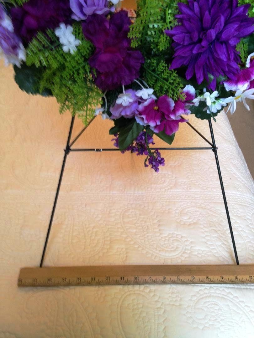 Cemetery WREATH on Easel Mount with PURPLE  Rose & Carnations for grave-site presentation in remembrance of loved ones -