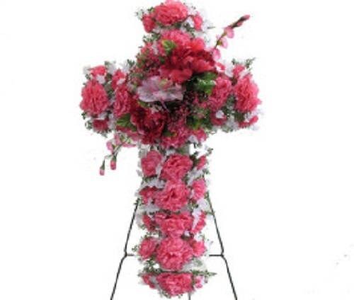 Cemetery Silk Flower CROSS in PINK Easel Mount for Grave-site Presentation in Remembrance of Loved Ones -