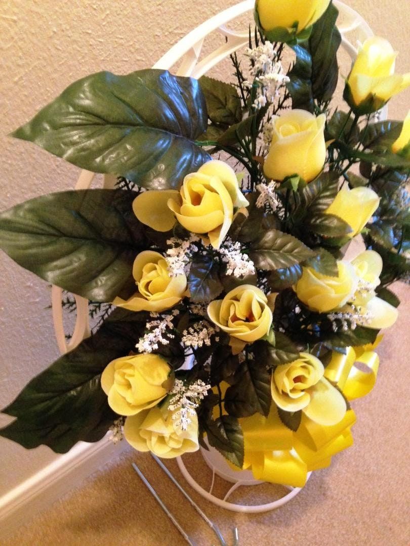Cemetery Silk Flower YELLOW ROSEBUDS in Hoop Handle for Grave-site Presentation in Remembrance of Loved Ones -