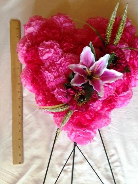 FLOWER Cemetery HEART on Easel with Silk Pink Carnations  for grave-site presentation in remembrance of loved ones -