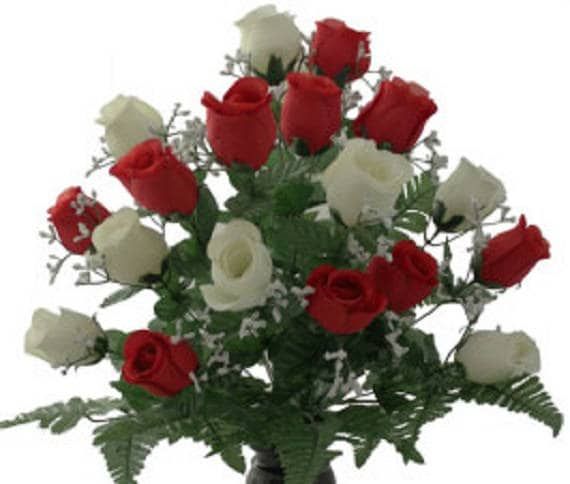 Cemetery vase of ROSES Galore Red and White Silk DELUXE for Grave-site Presentation in Remembrance of Loved Ones -