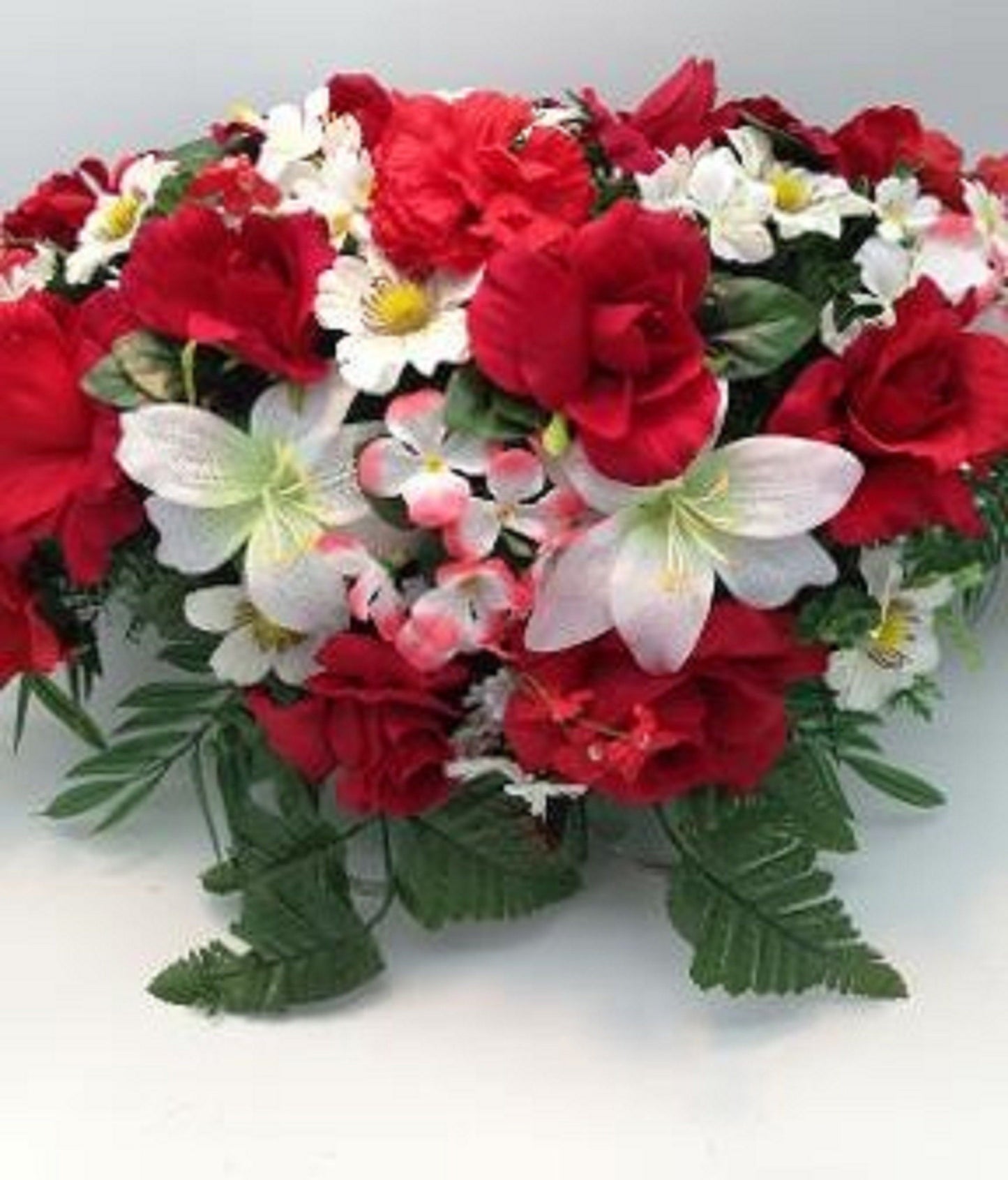 FLOWER Cemetery SADDLE for Headstone Mount in Silk Red and White for Grave-site Presentation in Remembrance of Loved Ones -