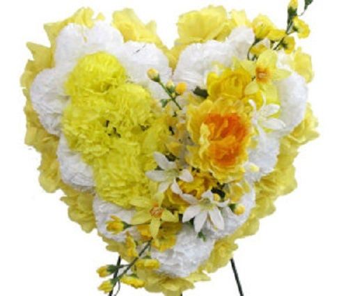 FLOWER Cemetery HEART on easel in Silk Yellow Roses & Carnations for grave-site presentation in remembrance of loved ones -