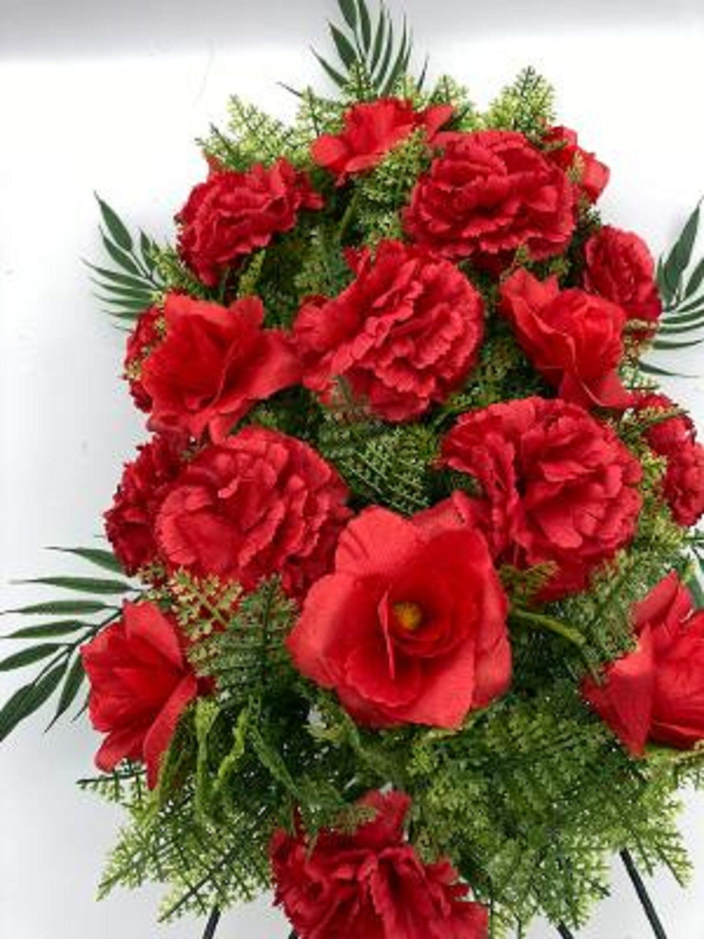 Cemetery SILK FLOWER SPRAY easel mounted in Large Red & White for Grave-site Presentation in Remembrance of Loved Ones -