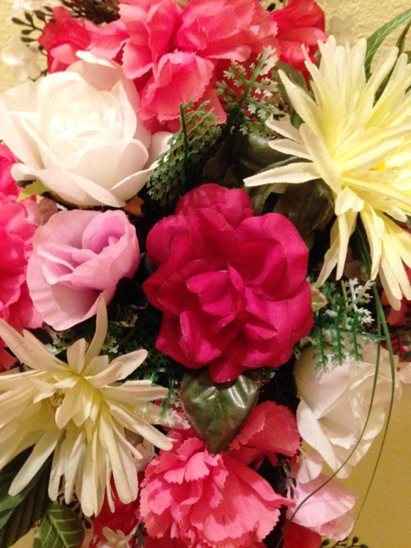 Cemetery Silk Flower CROSS in PINK Easel Mount for Grave-site Presentation in Remembrance of Loved Ones -