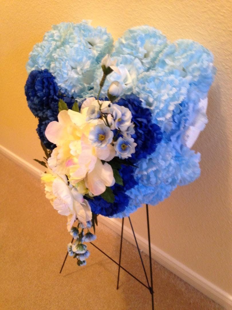FLOWER Cemetery HEART on EASEL in Silk Blue Roses & Carnations for grave-site presentation in remembrance of loved ones. Easel Mounted