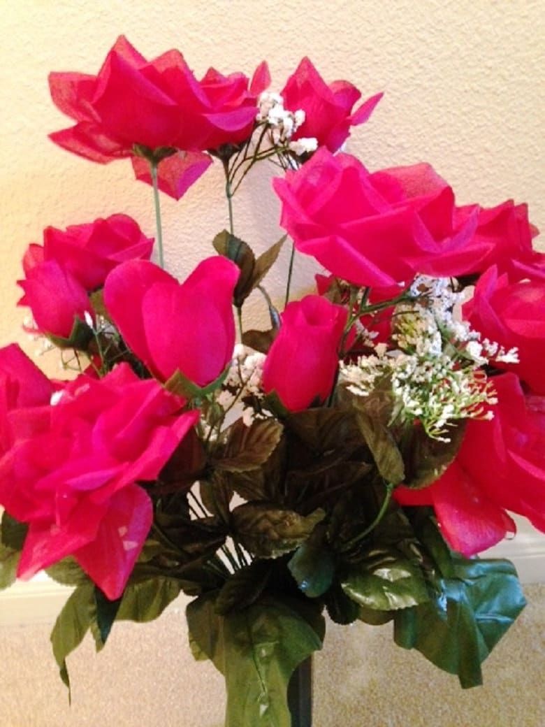 Cemetery Vase Red ROSES in Deluxe Open RED for Grave-site Presentation in Remembrance of Loved Ones -