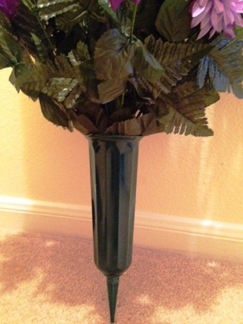 Cemetery VASE of ROSES HYDRANGEA Daisies Deluxe Purple for Grave-site Presentation in Remembrance of Loved Ones -