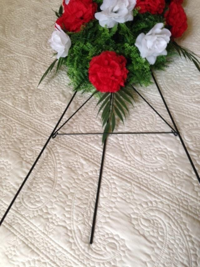 Cemetery SILK FLOWER SPRAY easel mounted in Large Red & White for Grave-site Presentation in Remembrance of Loved Ones -