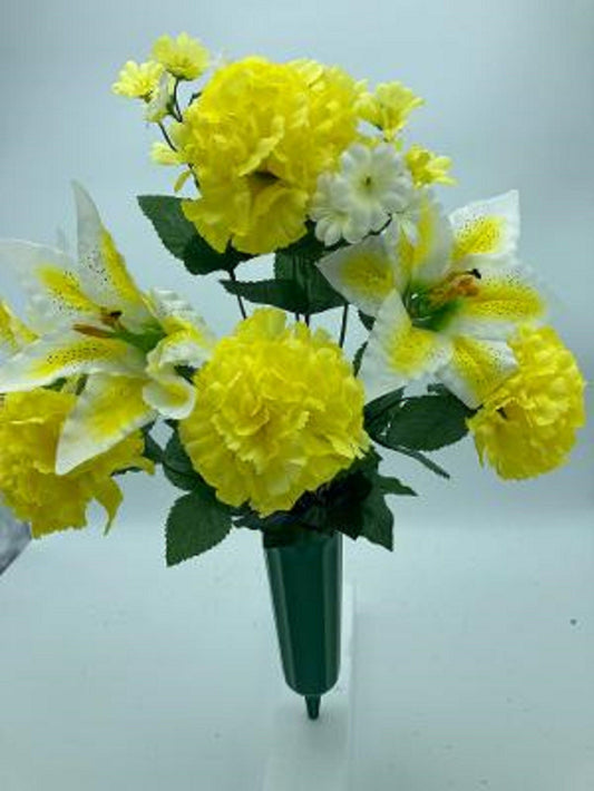 DIY Cemetery Silk Flower Bouquet YELLOW Carnations WHITE Lilies  for Grave-site Present in Remembrance of Loved Ones Or Home Garden -