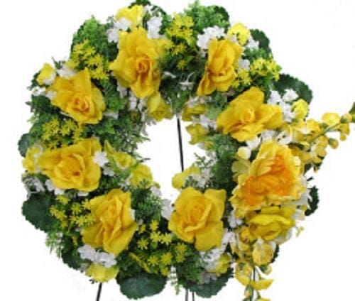Cemetery SILK WREATH in YELLOW Deluxe Large Easel Mount for grave-site presentation in remembrance of loved ones -