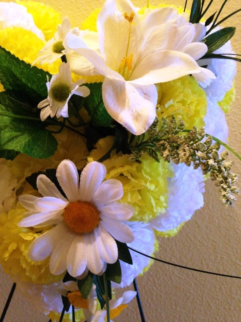 FLOWER Cemetery HEART on easel in Silk Yellow Roses & Carnations for grave-site presentation in remembrance of loved ones -