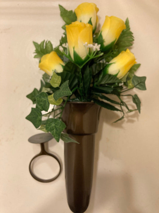 Crypt Mausoleum Vase & Yellow Silk Flowers w/ Disc Base Ring for Epoxy