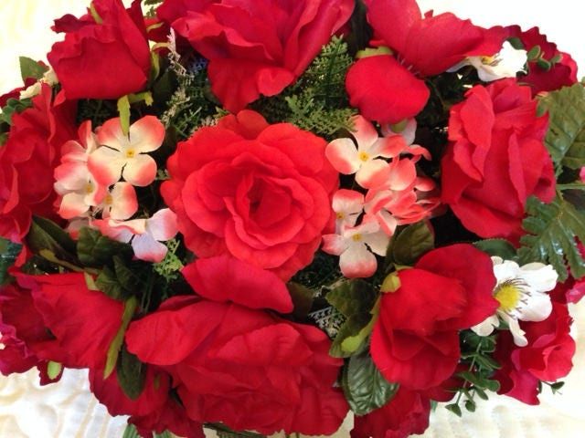 FLOWER Cemetery SADDLE for Headstone Mount in Silk Red and White for Grave-site Presentation in Remembrance of Loved Ones -