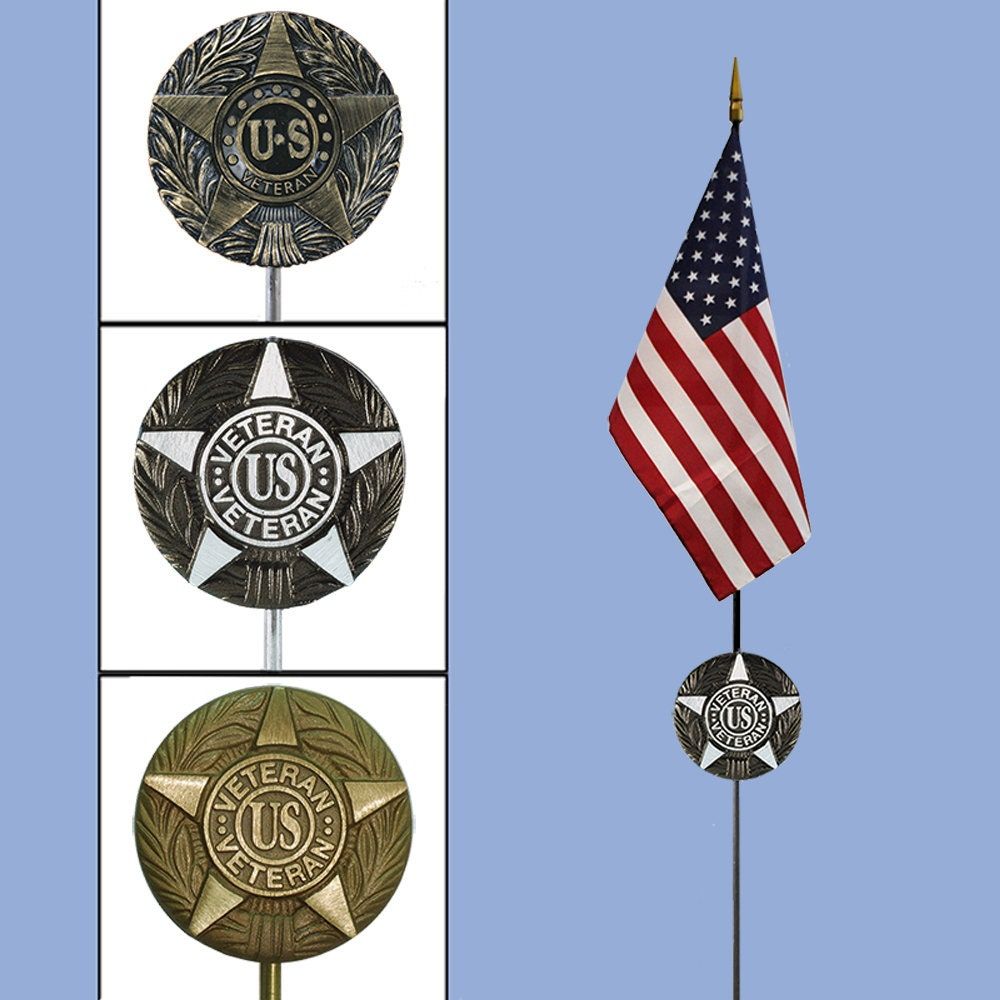 DIY Cemetery Military Emblem Faced Aluminum METAL Flag Holder for Grave-site Presentation in Honor of Loved Ones or Home Use -