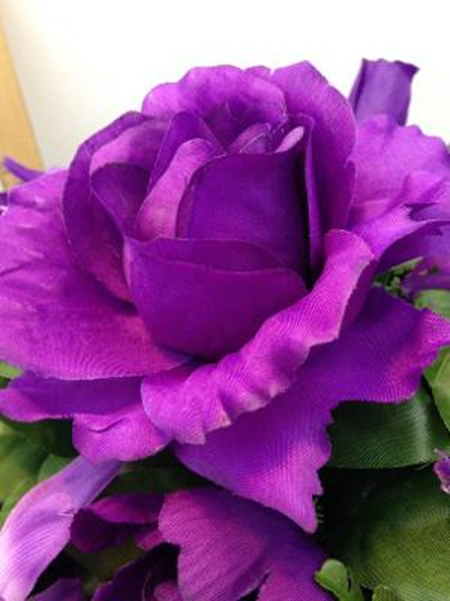 Flower Cemetery SADDLE for Headstone Mount in Silk PURPLE & White for Grave-site Presentation in Remembrance of Loved Ones.