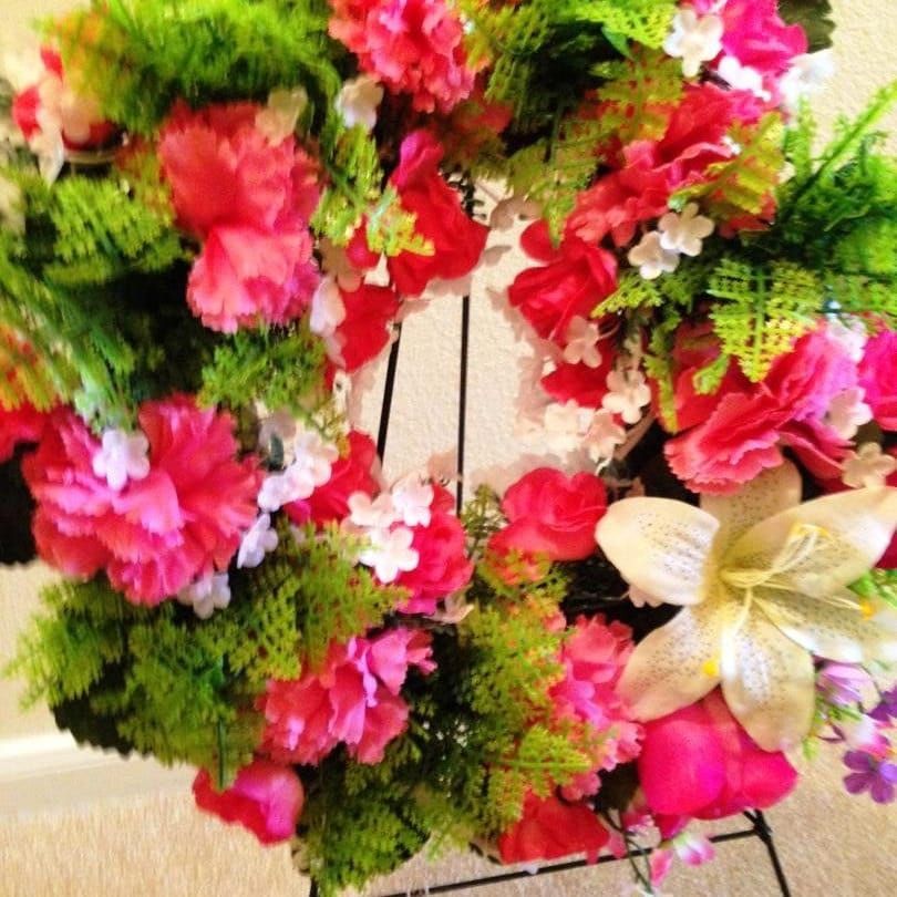 Cemetery Wreath on Easel in Pink Roses & Carnation for grave-site presentation in remembrance of loved ones. Easel Mounted