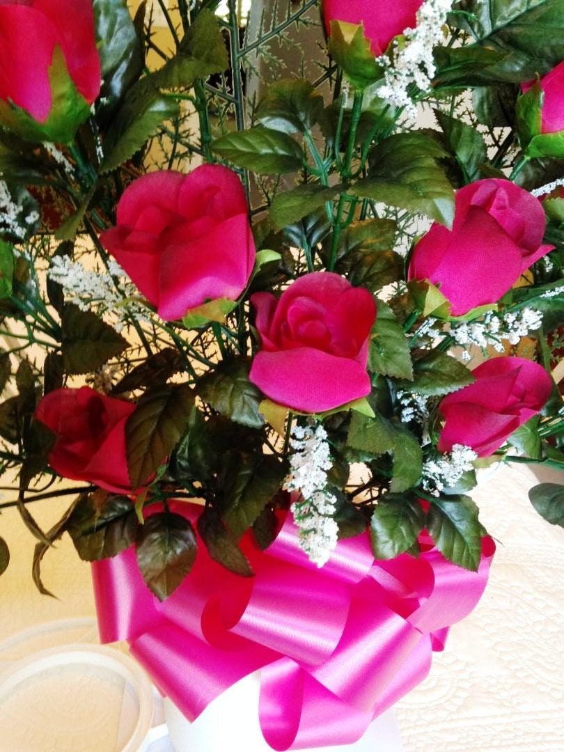 CEMETERY SILK Flower Burgundy ROSEBUDS, Hoop Handle Basket for Grave-site Presentation in Remembrance of Loved Ones -