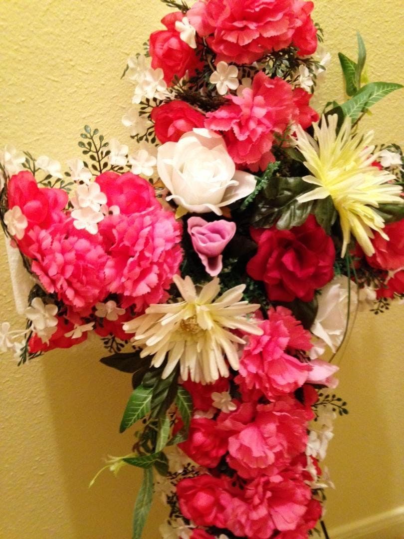 Cemetery Silk Flower CROSS in PINK Easel Mount for Grave-site Presentation in Remembrance of Loved Ones -