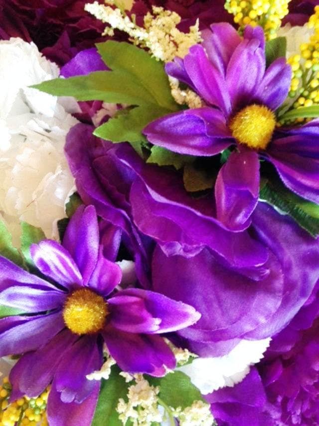 FLOWER Cemetery HEART on Easel with Purple Silk Carnations for grave-site presentation in remembrance of loved ones -