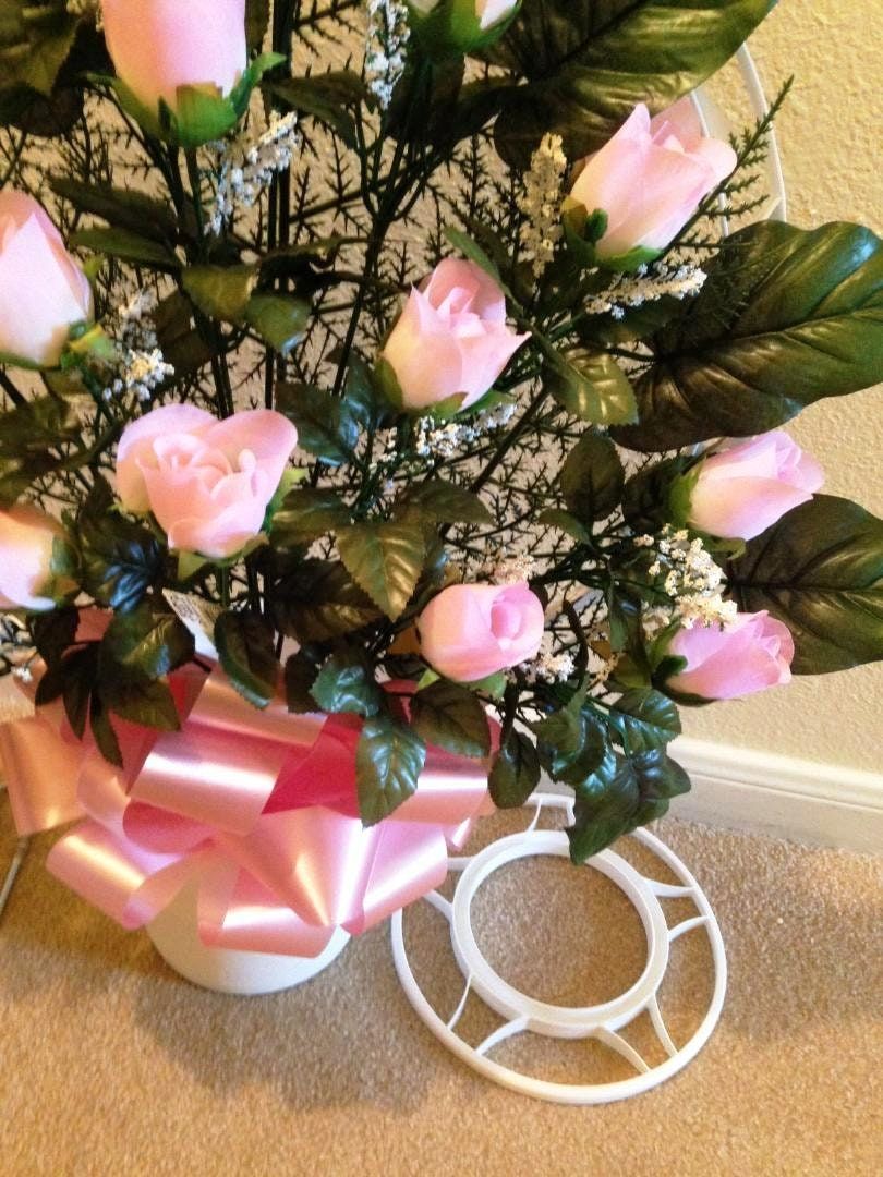 Cemetery Silk Flower PINK ROSEBUDS and Hoop Handle Basket for Grave-site Presentation in Remembrance of Loved Ones -