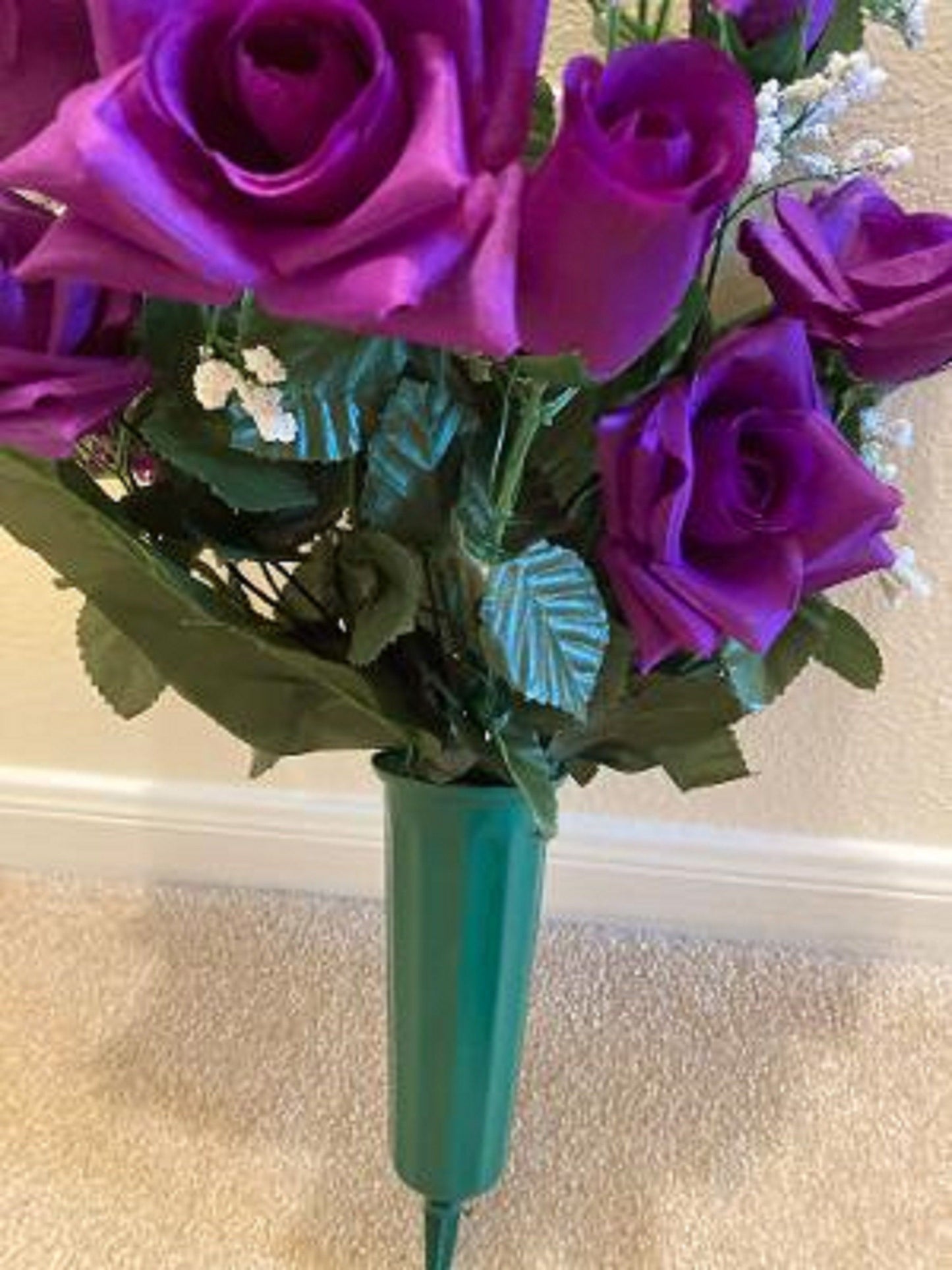 Cemetery Vase of Silk ROSES Deluxe for Grave-site Presentation in Remembrance of Loved Ones -