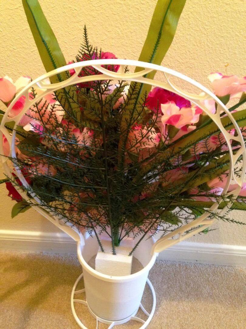 Cemetery Silk Flower Pink and Dark Red ROSE PEONY Gladiola Hoop Handle Basket for Grave-site Presentation in Remembrance of Loved Ones -