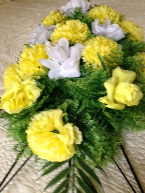 Artificial FLOWER SPRAY in Deluxe Yellow Easel Mount for Grave-site Presentation in Remembrance of Loved Ones -