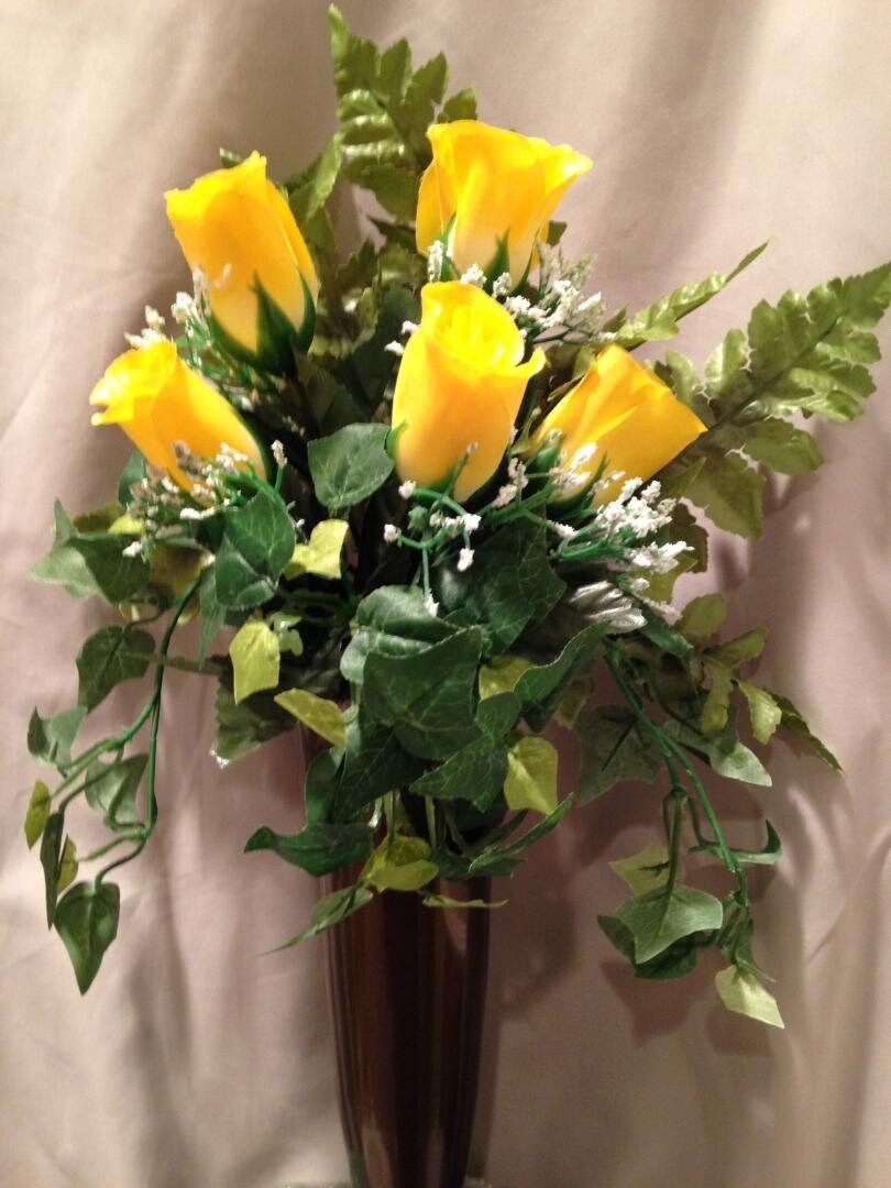 Crypt Mausoleum Vase & Yellow Rose Silk Flowers w/ Button Bolt Support for Inverted "V"