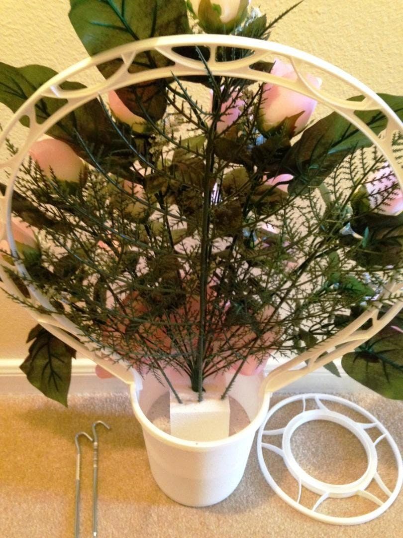 Cemetery Silk Flower PINK ROSEBUDS and Hoop Handle Basket for Grave-site Presentation in Remembrance of Loved Ones -