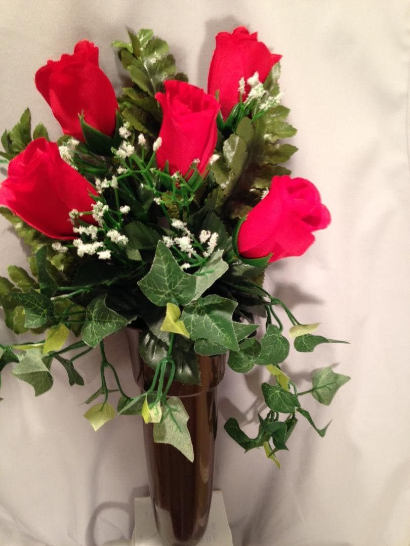 Crypt Mausoleum Vase & Red Rose Silk Flowers w/ Ring Bolt Support for Inverted "V"