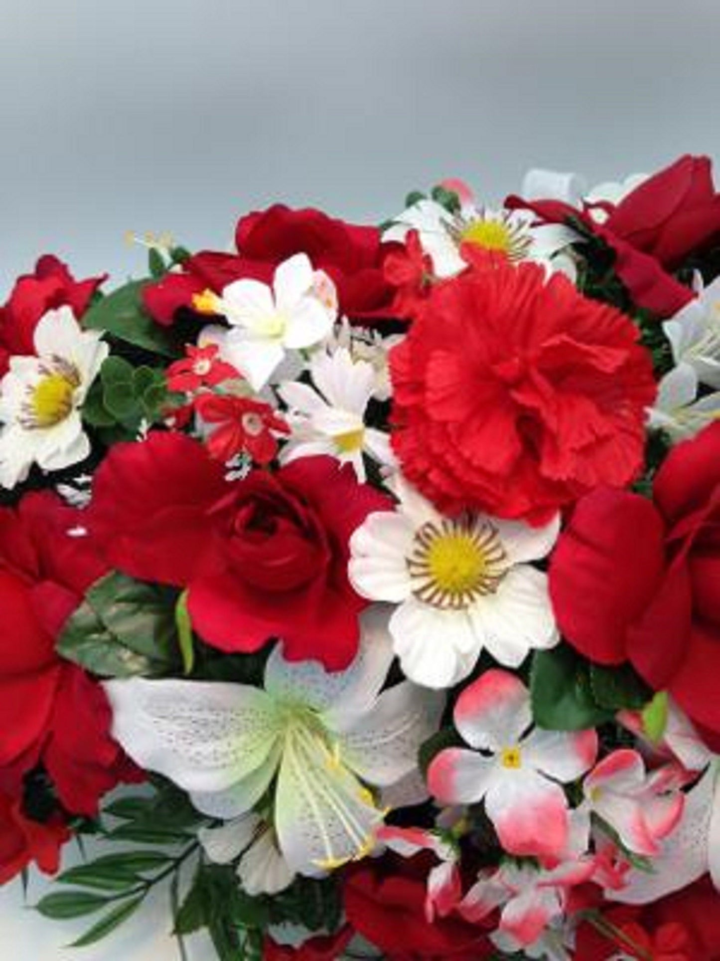 FLOWER Cemetery SADDLE for Headstone Mount in Silk Red and White for Grave-site Presentation in Remembrance of Loved Ones -