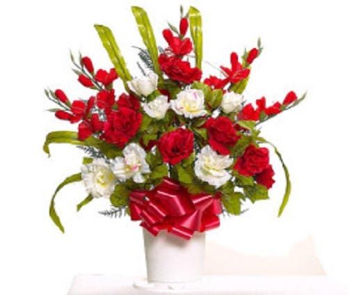 BASKET of Red & White ROSE PEONY Gladiola Hoop Handle for Grave-site Presentation in Remembrance of Loved Ones..