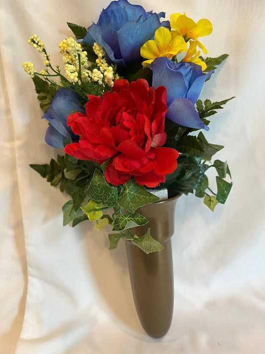 Crypt Mausoleum Silk Flower 3 Blue Roses & Red Delphinium plus Baby's Breath / Ivy Greenery (NO VASE)