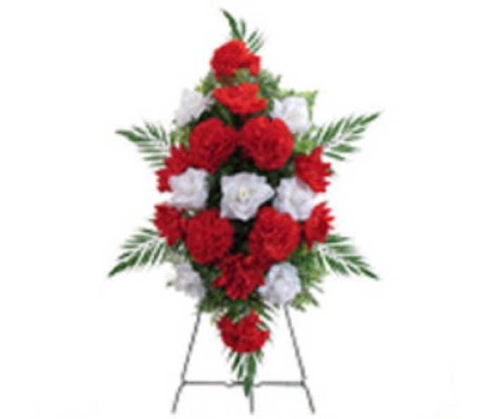 Cemetery SILK FLOWER SPRAY easel mounted in Large Red & White for Grave-site Presentation in Remembrance of Loved Ones -