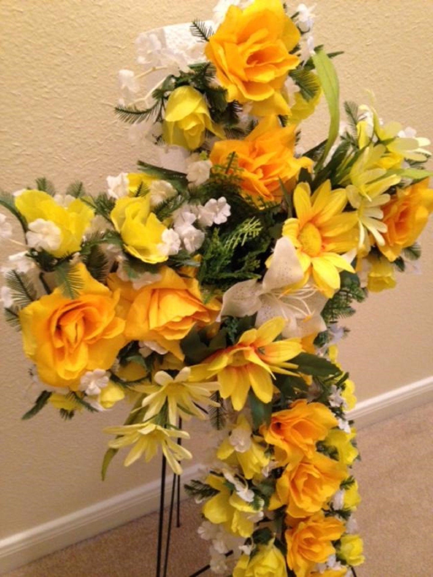FLOWER Cemetery CROSS Yellow Roses - Carnations on easel for Grave-site Presentation in Remembrance of Loved Ones -