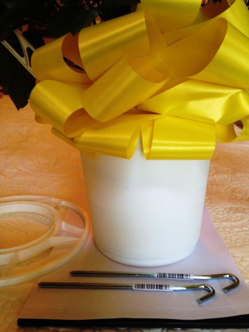 Cemetery Silk Flower YELLOW ROSEBUDS in Hoop Handle for Grave-site Presentation in Remembrance of Loved Ones -