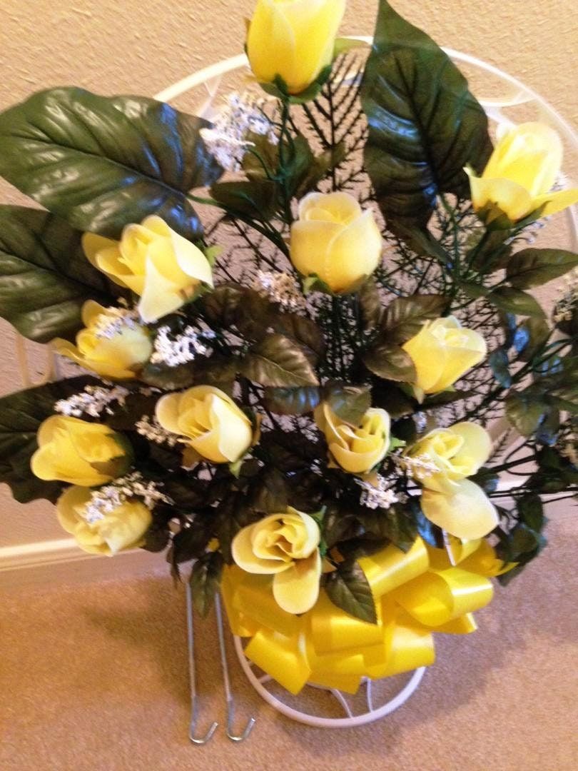 Cemetery Silk Flower YELLOW ROSEBUDS in Hoop Handle for Grave-site Presentation in Remembrance of Loved Ones -