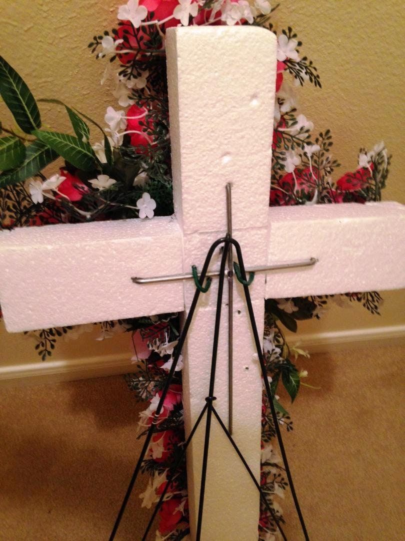 Cemetery Silk Flower CROSS in PINK Easel Mount for Grave-site Presentation in Remembrance of Loved Ones -