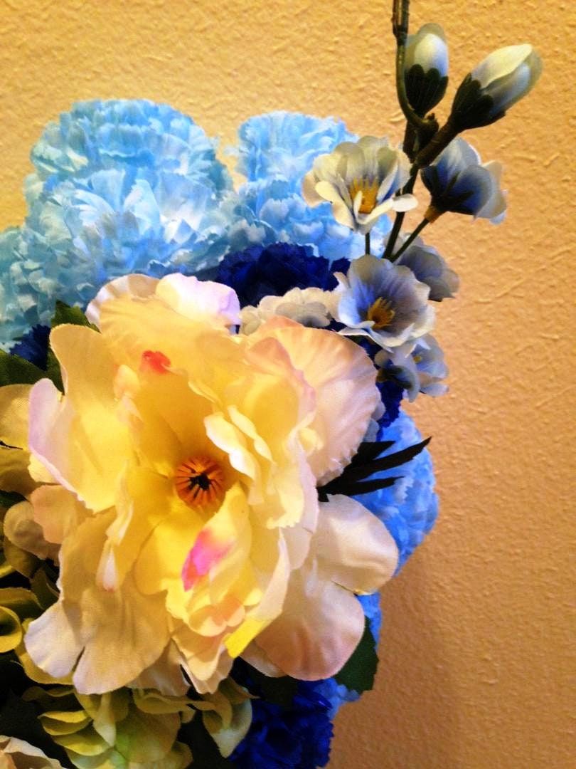 FLOWER Cemetery HEART on EASEL in Silk Blue Roses & Carnations for grave-site presentation in remembrance of loved ones. Easel Mounted