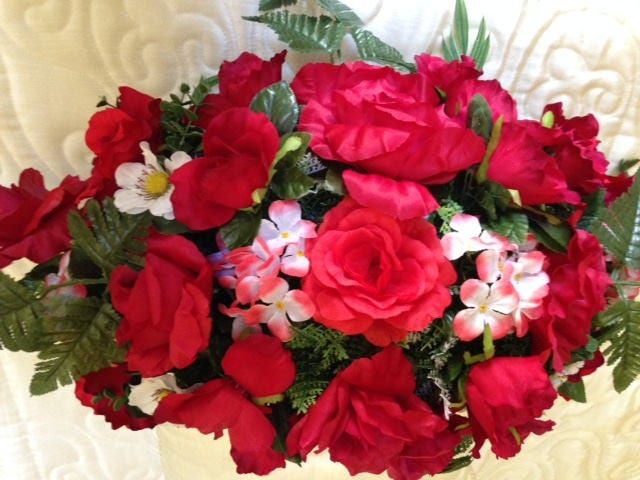 FLOWER Cemetery SADDLE for Headstone Mount in Silk Red and White for Grave-site Presentation in Remembrance of Loved Ones -